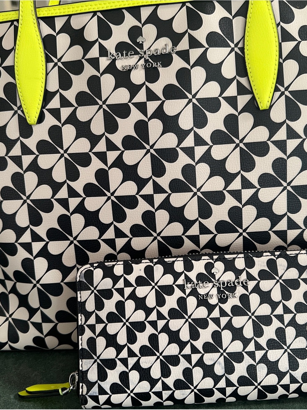 kate spade Black/White Floral Tote with Neon Yellow Handles and matching wallet